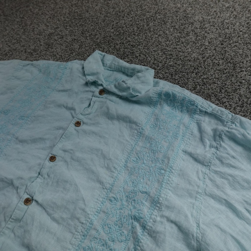 Tommy Bahama Shirt Mens 2XL Blue Linen Chambray Embroidered Short Sleeve Casual